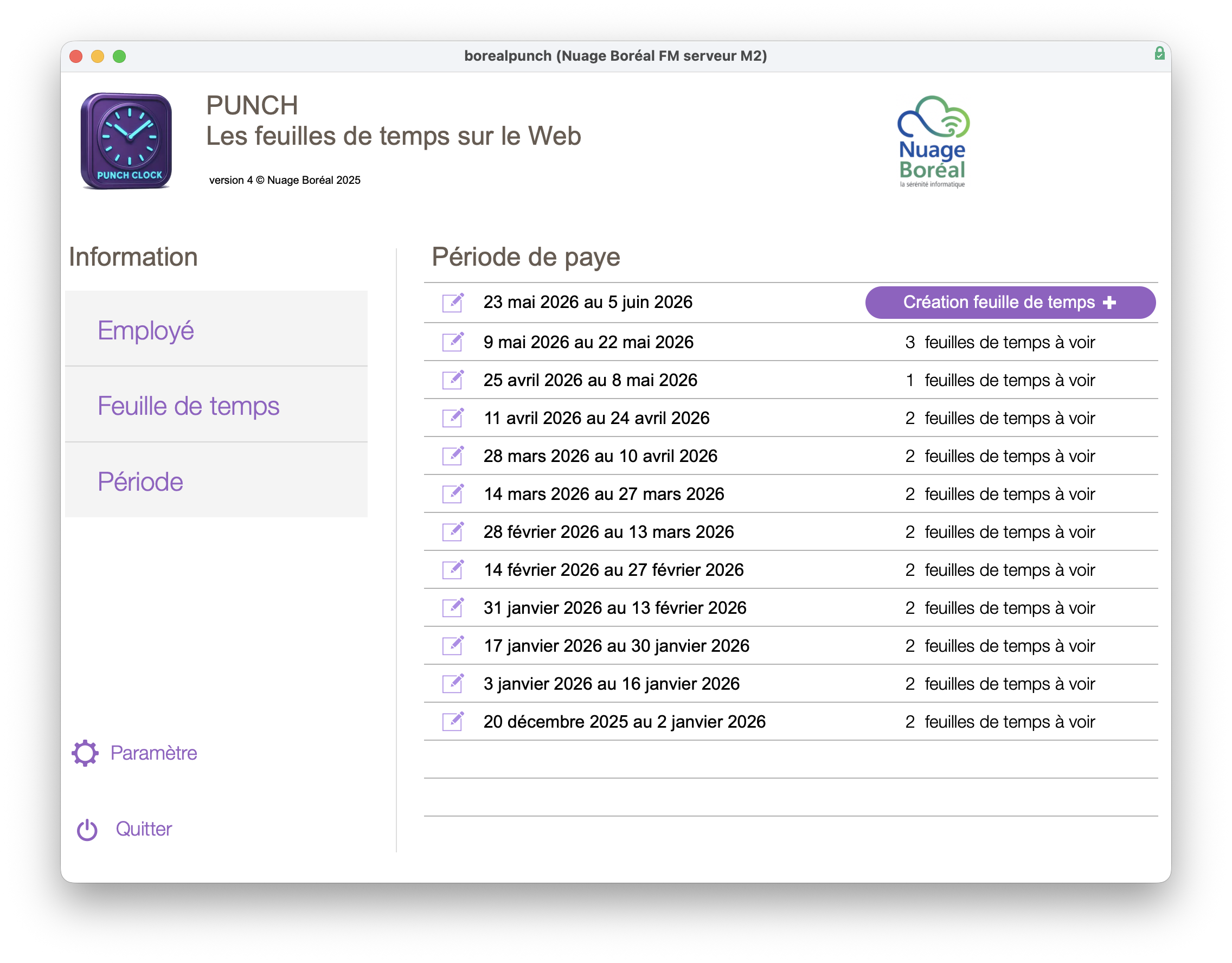 Interface de l’application Punch